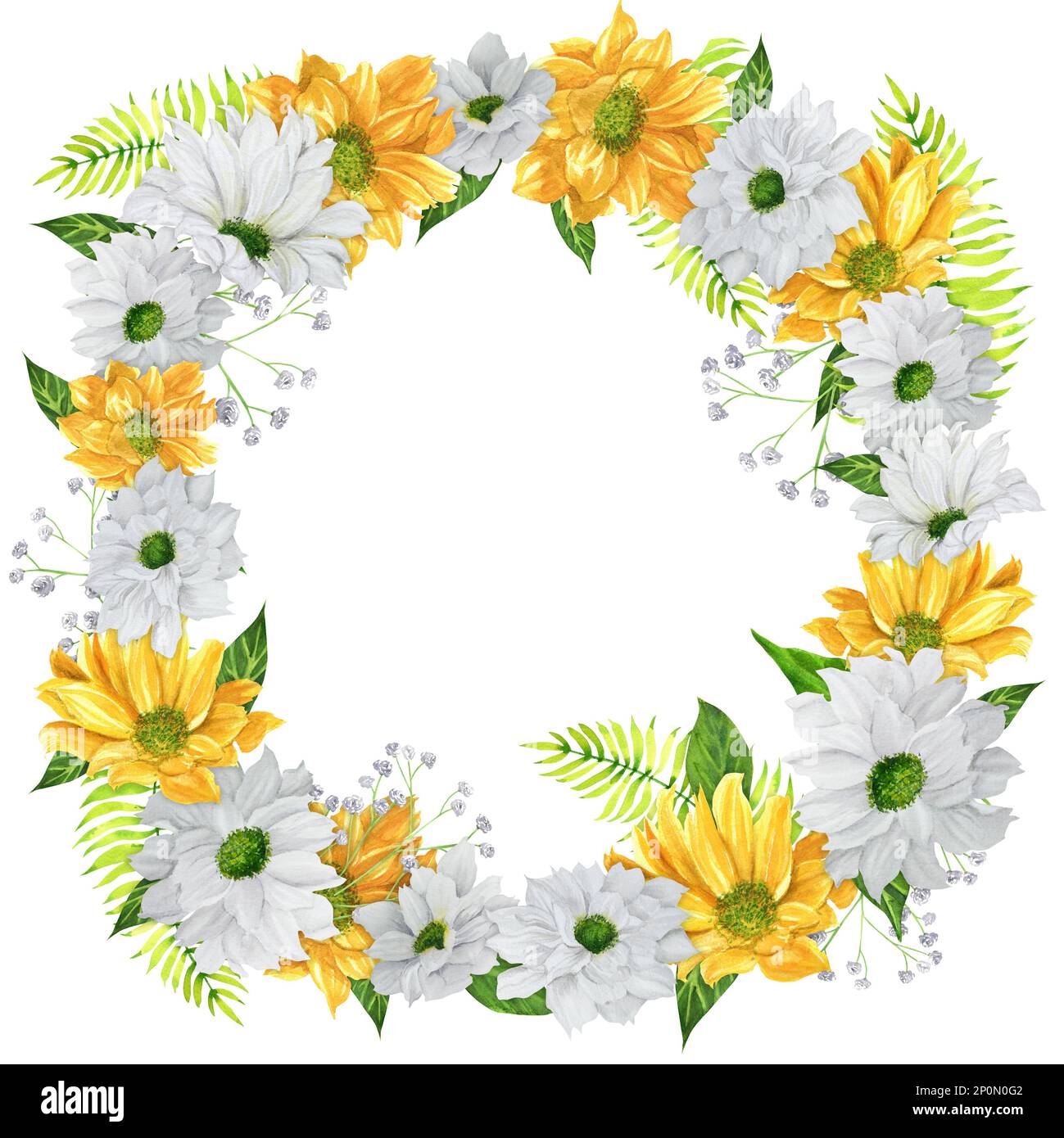 Corona acquerello disegnata a mano con crisantemo, felce e gypsofila. Una piccola parte del grande giardino DEGLI UCCELLI set Foto Stock