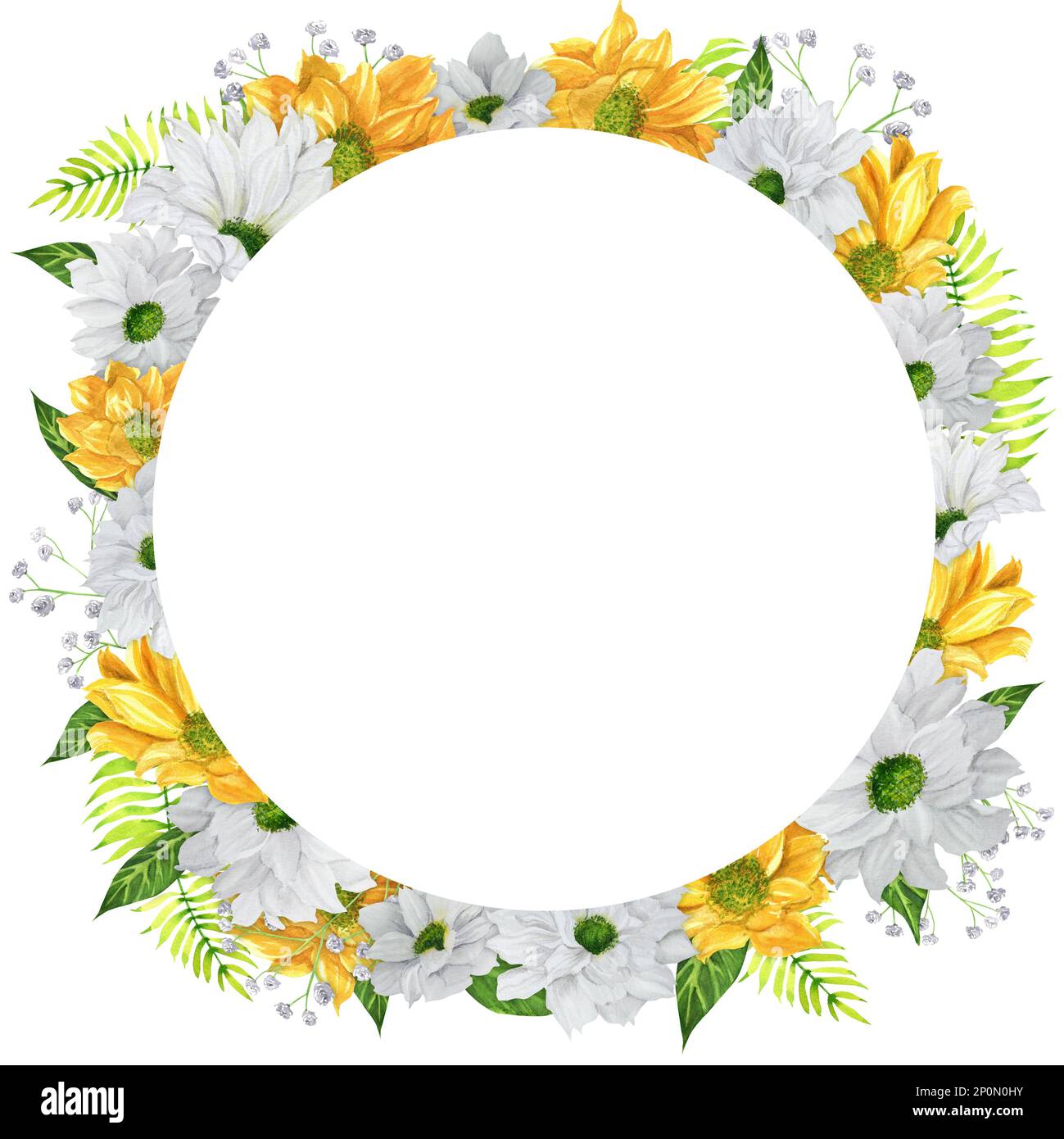 Corona acquerello disegnata a mano con crisantemo, felce e gypsofila. Una piccola parte del grande giardino DEGLI UCCELLI set Foto Stock