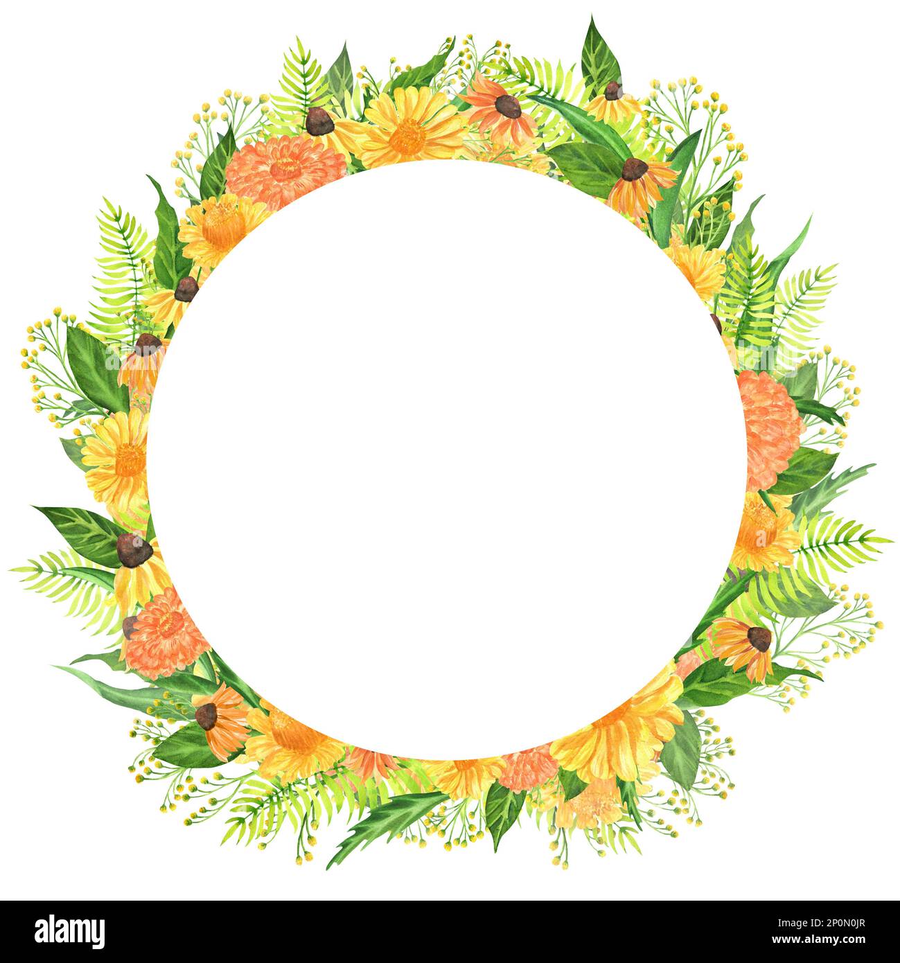 Corona acquerello disegnata a mano con zinnia, goldenota e fiori di conifere. Una piccola parte del grande giardino DEGLI UCCELLI set Foto Stock