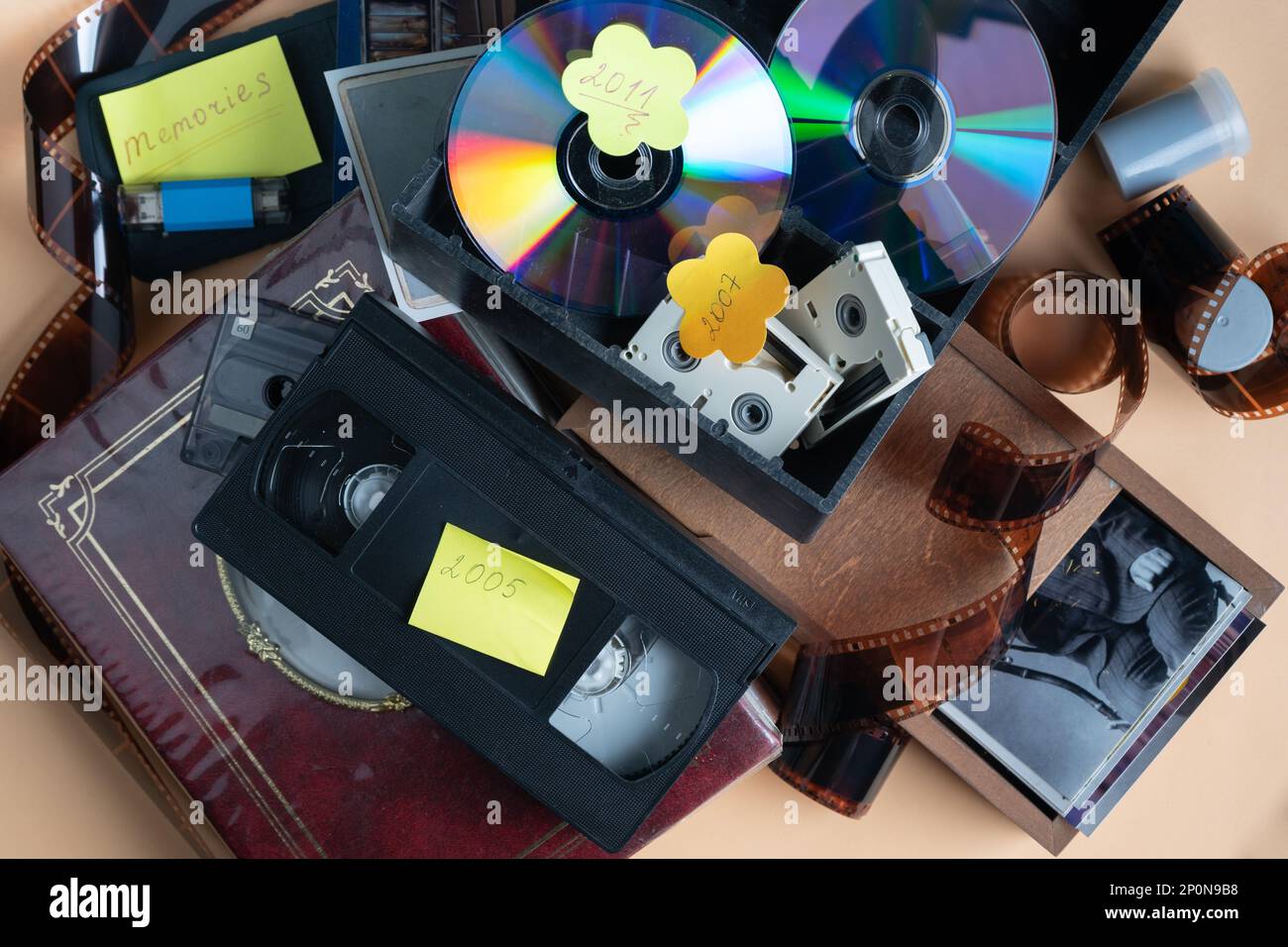 Vista dall'alto su diversi dispositivi di storage con archivio famiglia. VHS casette, disco ottico, pellicola per telecamera, disco rigido usb, album di famiglia. Foto Stock