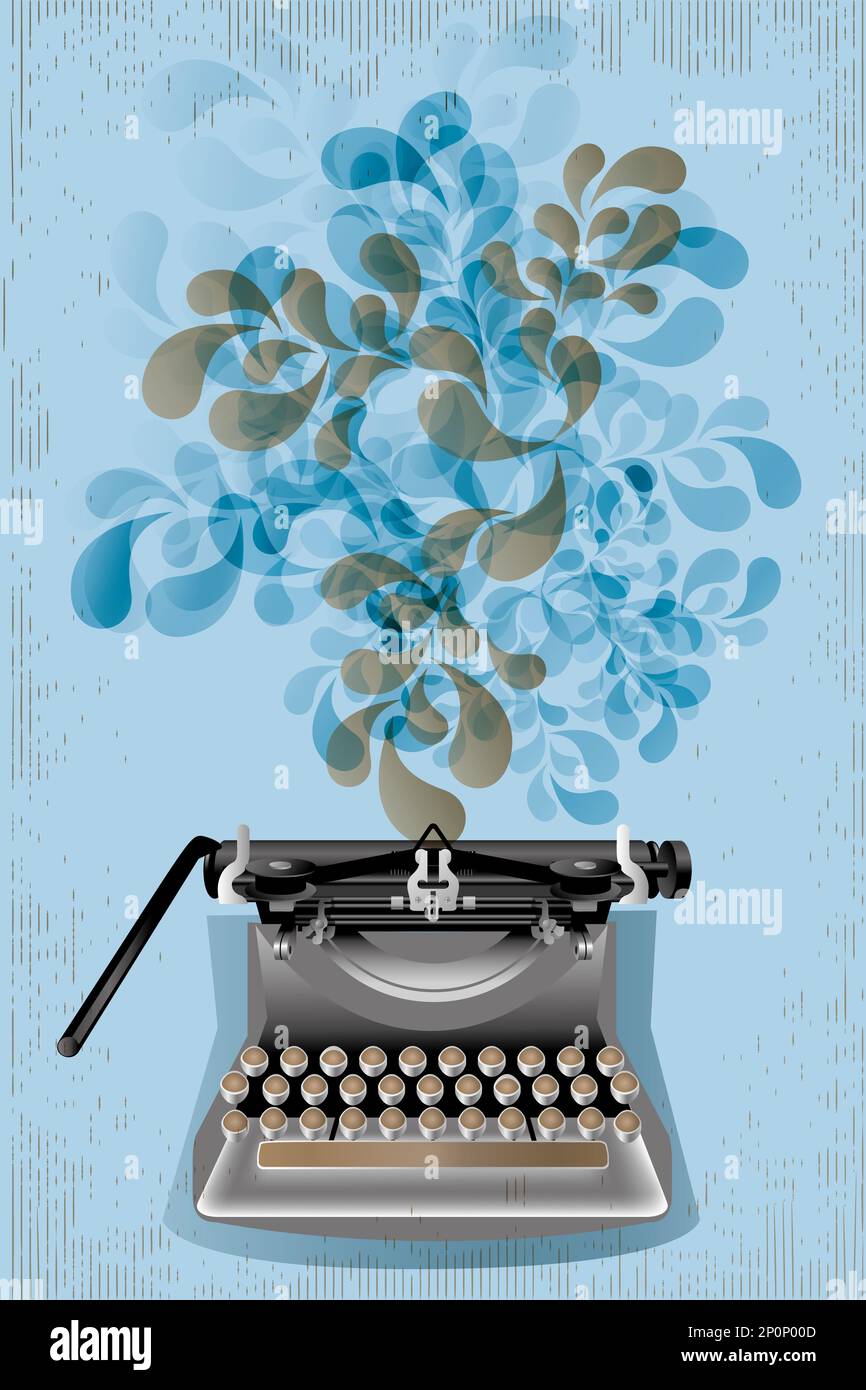 Poster retrò vintage con antica macchina da scrivere che trasmette creatività in blu e marrone spruzzi di fronte a sfondo blu con graffi marroni - deta Foto Stock