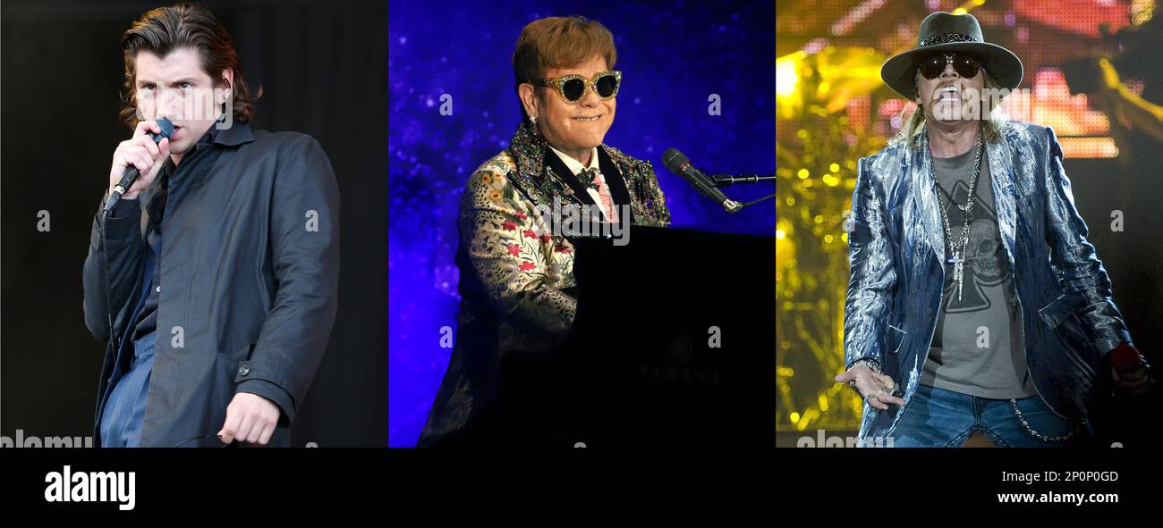 Foto in formato composito di Alex Turner delle scimmie artiche, Elton John e Axl Rose di Guns N' Roses (da sinistra a destra). Le scimmie artiche e le pistole N' Roses sono state annunciate come le ultime due testate di Glastonbury per il 2023, unendosi a Sir Elton John in cima al progetto. Il festival ha annunciato più di 50 altri atti per la sua 2023 line-up il Venerdì, con centinaia di più si prevede di essere aggiunti nei prossimi mesi. Data di emissione: Venerdì 3 marzo 2023. Foto Stock