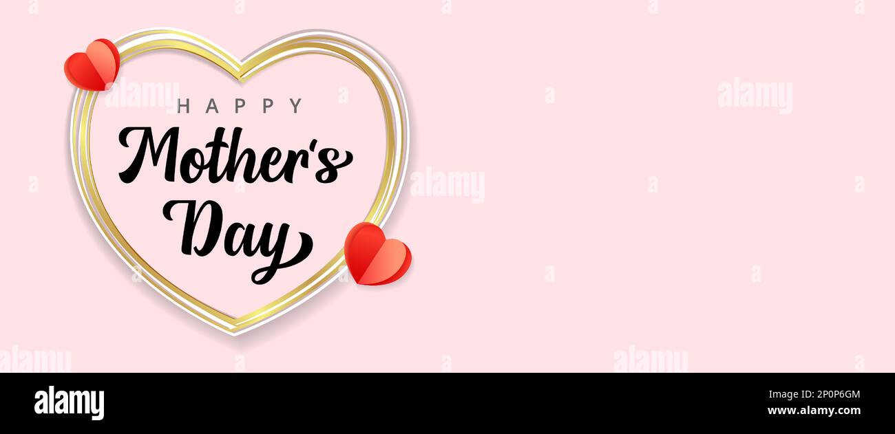 Scritta Happy Mothers Day, banner con cuore dorato. Design poster per la festa della mamma con area vuota per i tuoi desideri. Mamma migliore di sempre, carta vettoriale Illustrazione Vettoriale