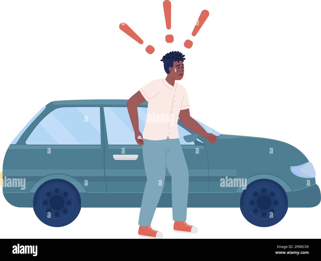 Conducente scioccato in piedi vicino al carattere vettoriale di colore semi-piatto dell'automobile Illustrazione Vettoriale