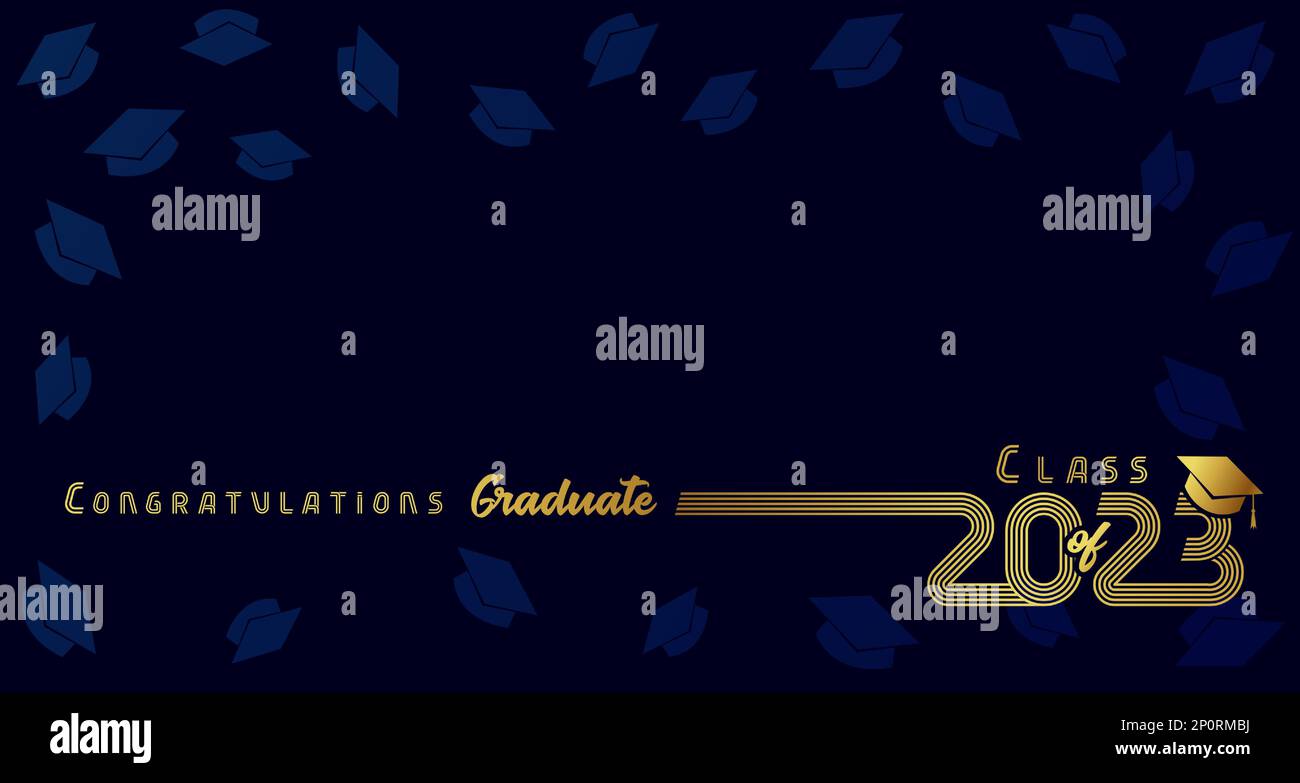 2023 Congratulazione Graduate, linea dorata su sfondo blu. Classe di 2023 poster di laurea con numero d'oro in cappello accademico. Carta vettoriale Illustrazione Vettoriale
