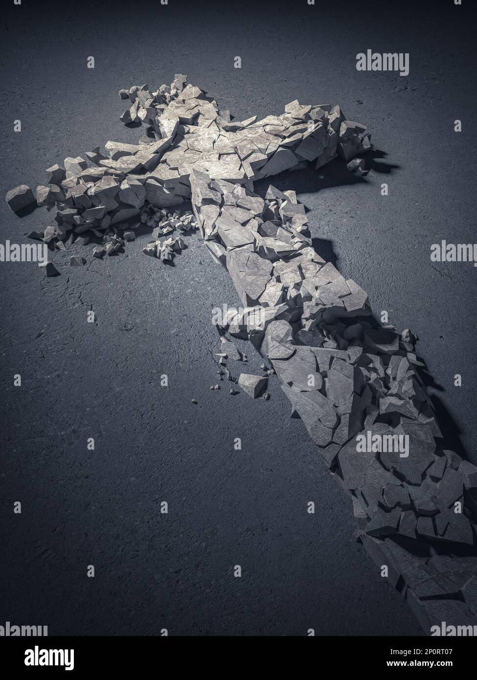 3D rendete, la croce di pietra cristiana cadde e frantumò Foto Stock