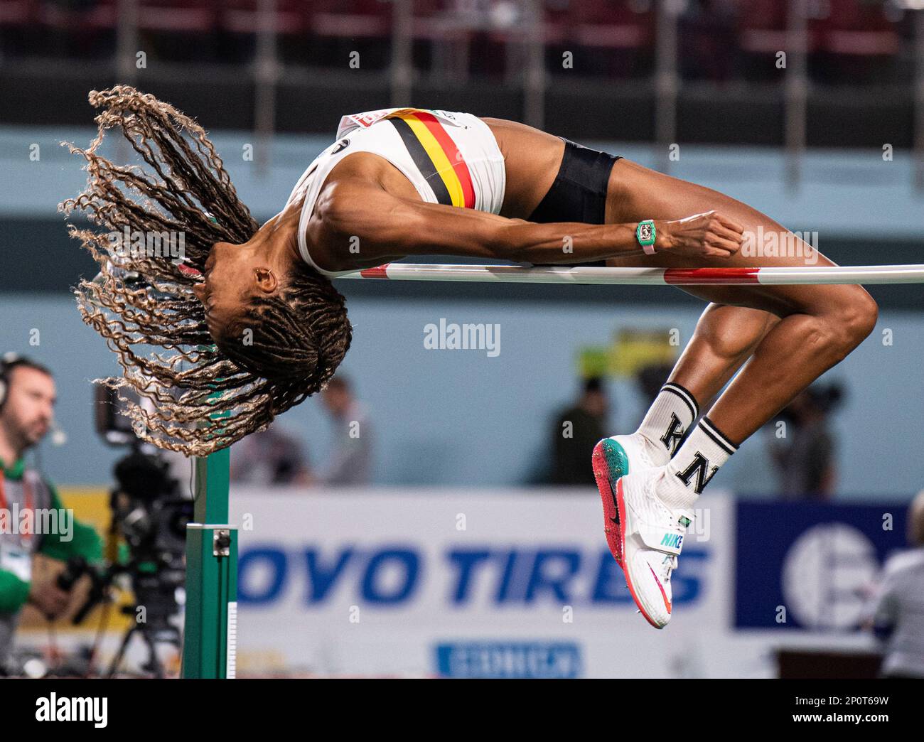 Istanbul, Türkiye. 03/03/2023, il belga Nafissatou Thiam si è sfidato nel salto di categoria femminile del Pentathlon il giorno 2 dei Campionati europei di atletica indoor alla Ataköy Athletics Arena di Istanbul, Türkiye. Foto di Gary Mitchell Foto Stock