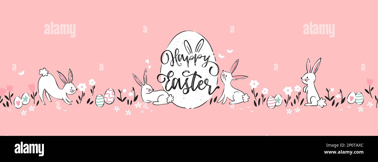Bella mano disegnata pasqua disegni con testo 'Happy Easter' cute mano disegnata coniglietti, uova e decorazione - disegno vettoriale Illustrazione Vettoriale