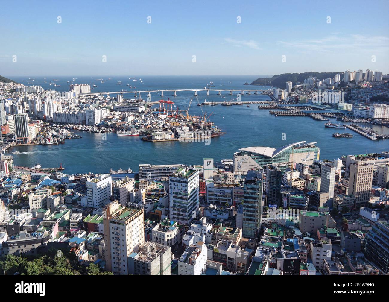 Busan, Corea del Sud - Maggio 2019: Veduta aerea del paesaggio urbano del porto di Busan dalla Torre di Busan Foto Stock