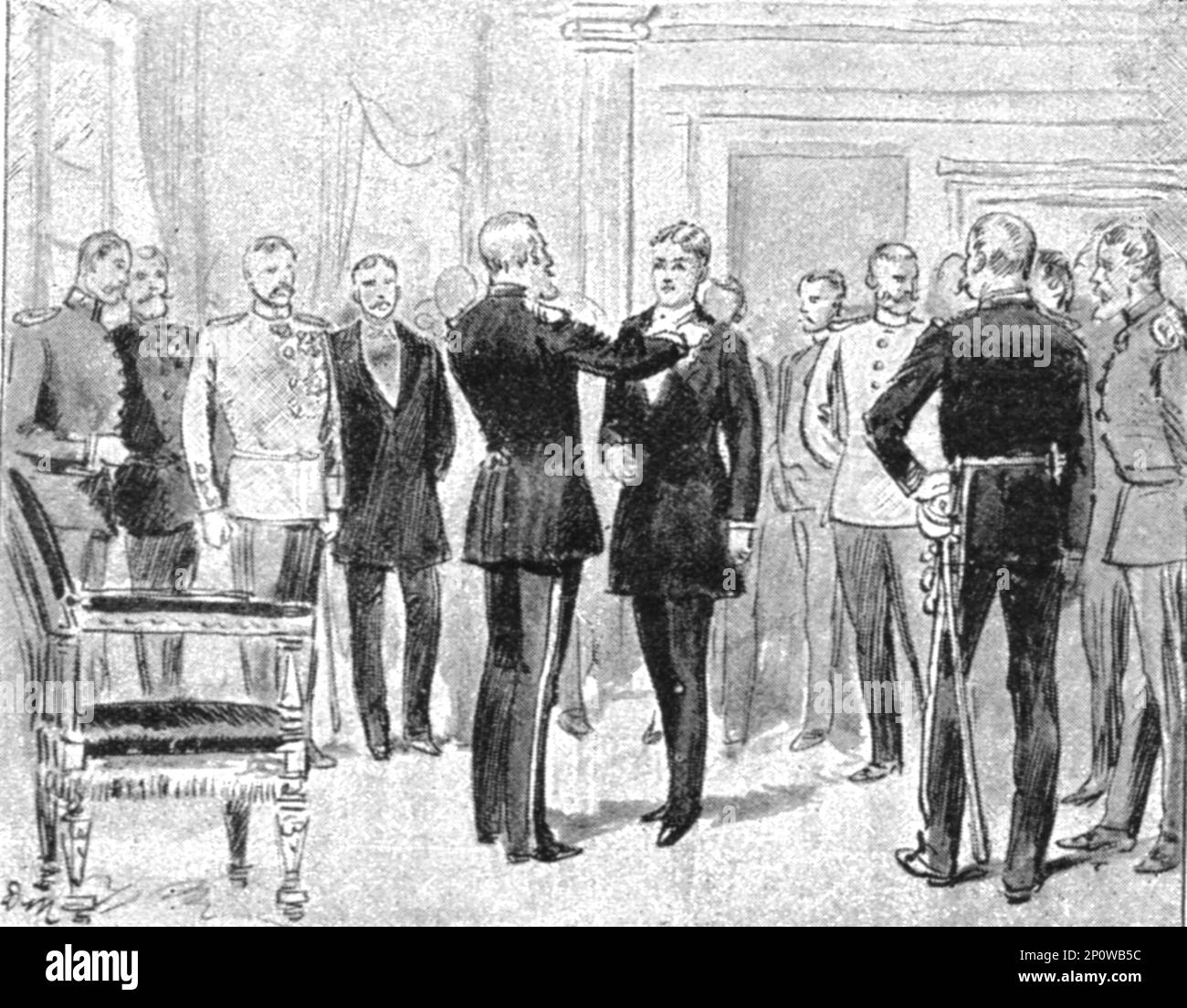 ''H.R.H. Il Principe della Russia investe S.R.H. The Prince of Wales with the Order of the Black Eagle in Berlin', 1891. Da "The Graphic. Un quotidiano settimanale illustrato", Volume 44. Da luglio a dicembre 1891. Foto Stock