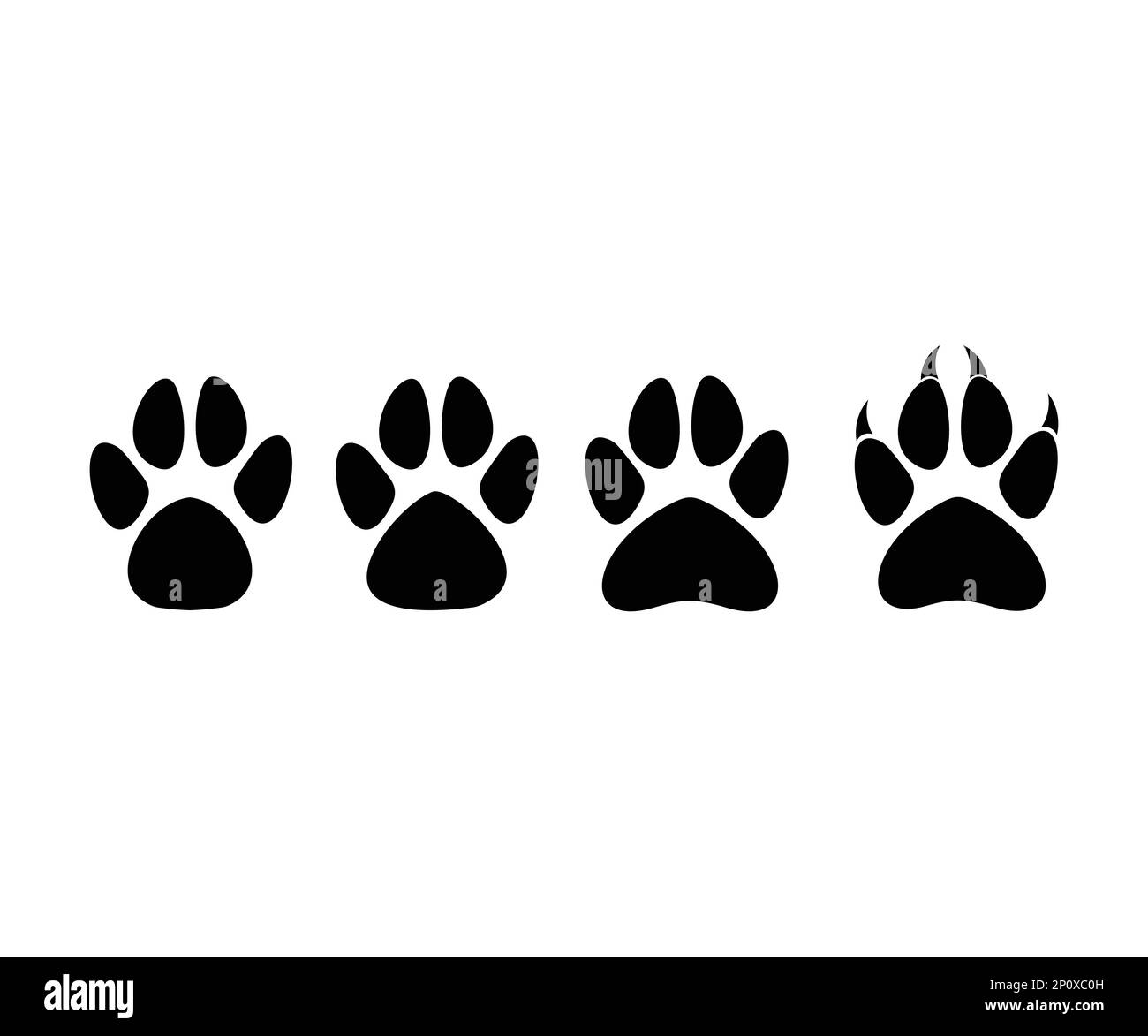 Set di stampa Paw. Paw pagina traccia stampa di animale. Silhouette di zampe, cane, gatto, orso, cucciolo. Grande serie di impronte di pipe animali. Illustrazione Vettoriale