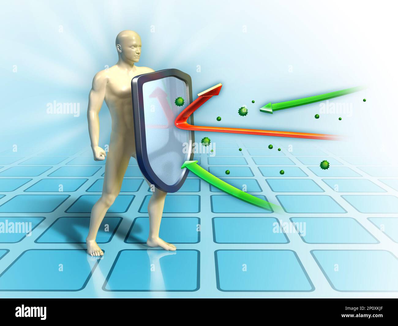 Il sistema immunitario difende il corpo umano dagli attacchi esterni. Illustrazione digitale. Foto Stock