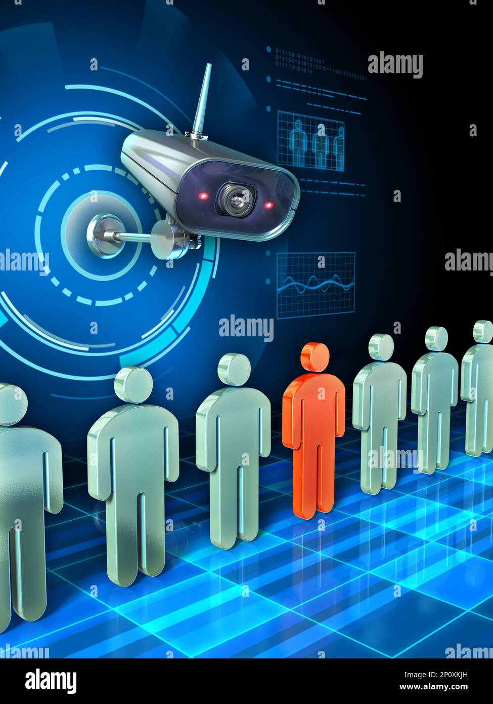 Telecamera di sorveglianza in procinto di esaminare alcune icone di persone che passano davanti ad esso. Illustrazione digitale. Foto Stock