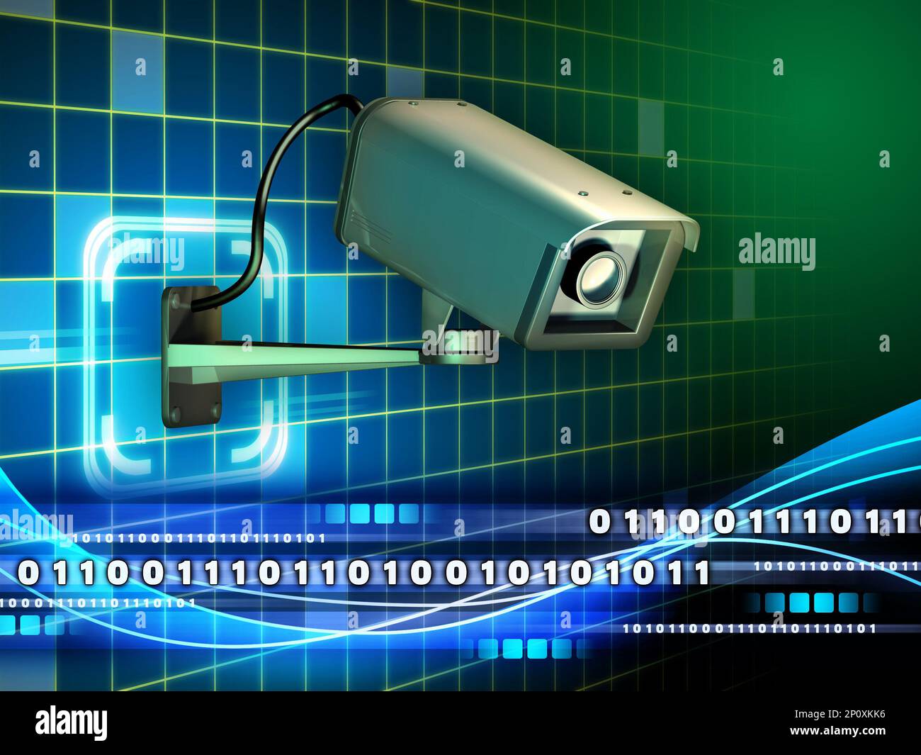 Telecamera di sicurezza che controlla un flusso di dati. Illustrazione digitale. Foto Stock