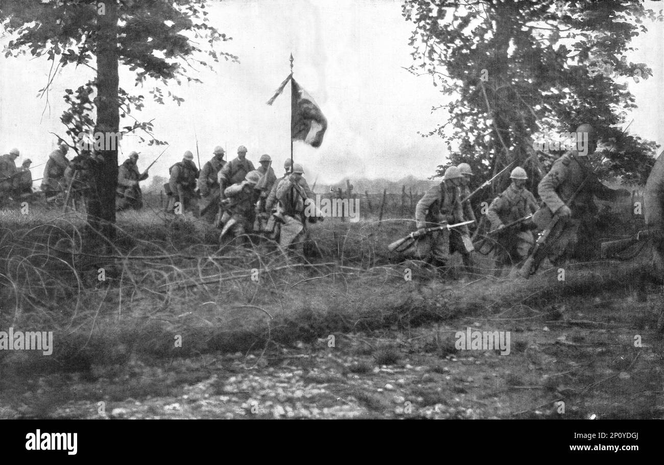 "Le Drapeau dans la bataille; commissunique officiel du 4 septembre (23 heures)"… Au Sud de la Somme, depuis Vermandovillers jusqu'a Chilly, apres un combat des Plus violents, notre infanterie a emporte, sur une etendue de 4 kilometri toute la premiere ligne de l'ancien fronte allemand, plusieurs connes de difenses tres fortement organizees. Le village de Chilly a ete pris en entier. nous avons occupe a l'Est la *ote 86, ainsi que les lisieres Ouest du Bois de Chaulnes" .', 1916. Da "Collection de la Guerre IV. L'Illustrazione Tome CXLVII. La Guerre Juillet, Aout Foto Stock
