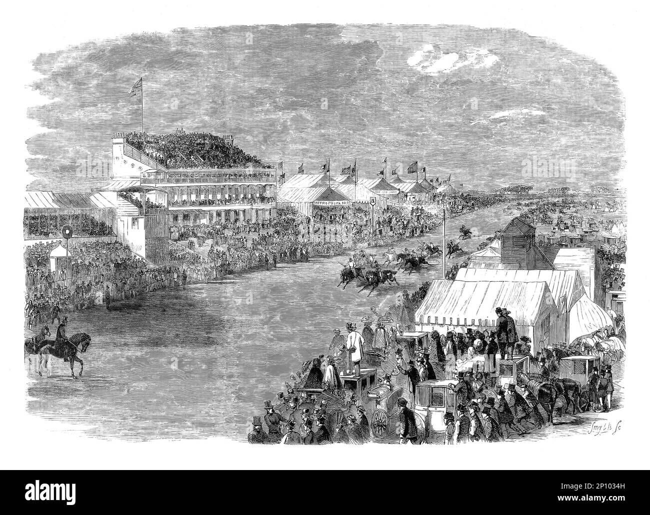 Il rettilineo finale della corsa a cavallo piatto di Epsom Derby e Oaks del 1860 mentre i cavalieri e i cavalli si avvicinano al traguardo dell'ippodromo di Epsom Downs a Surrey, Inghilterra disegnato da M. S. Morgan. Foto Stock