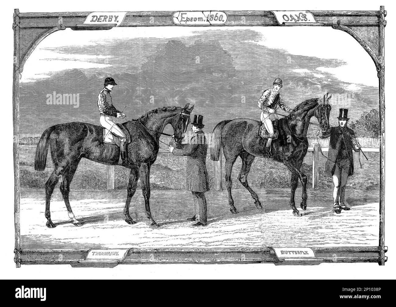 I vincitori della corsa a cavallo piatto Epsom Derby e Oaks 1860 all'ippodromo Epsom Downs di Surrey, Inghilterra disegnati da Benjamin Herring (1830-1871) Foto Stock