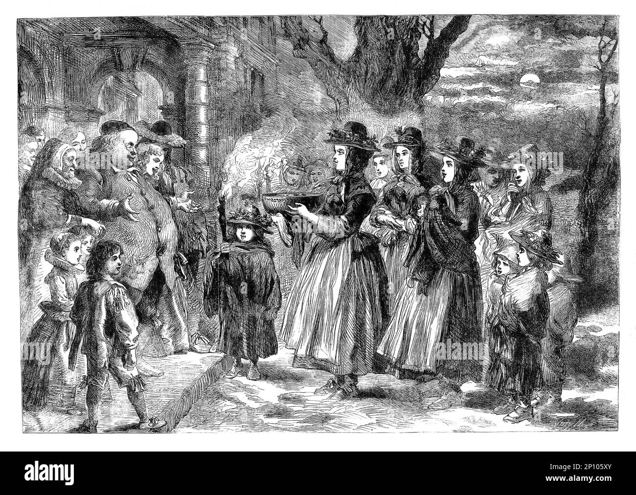 Un disegno del 1860 di John Gilbert della ciotola di wassail, un elemento di un antico rituale e saluto inglese Yuletide bevente o coinvolto in porta-a-porta beneficenza-dare o usato per assicurare un buon raccolto l'anno seguente. Wassail è una bevanda a base di sidro caldo mulled, birra o vino e spezie, bevuta tradizionalmente come parte integrante del wassailing. Si tratta di cantare e bere per la salute degli alberi nella dodicesima notte, nella speranza che possano prosperare meglio nelle contee produttrici di sidro nel sud-ovest dell'Inghilterra. Foto Stock