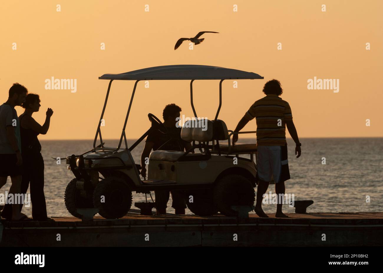 Golf auto silhouette con gli amici in spiaggia, vacanza vita sociale e allegria guardando il tramonto Foto Stock