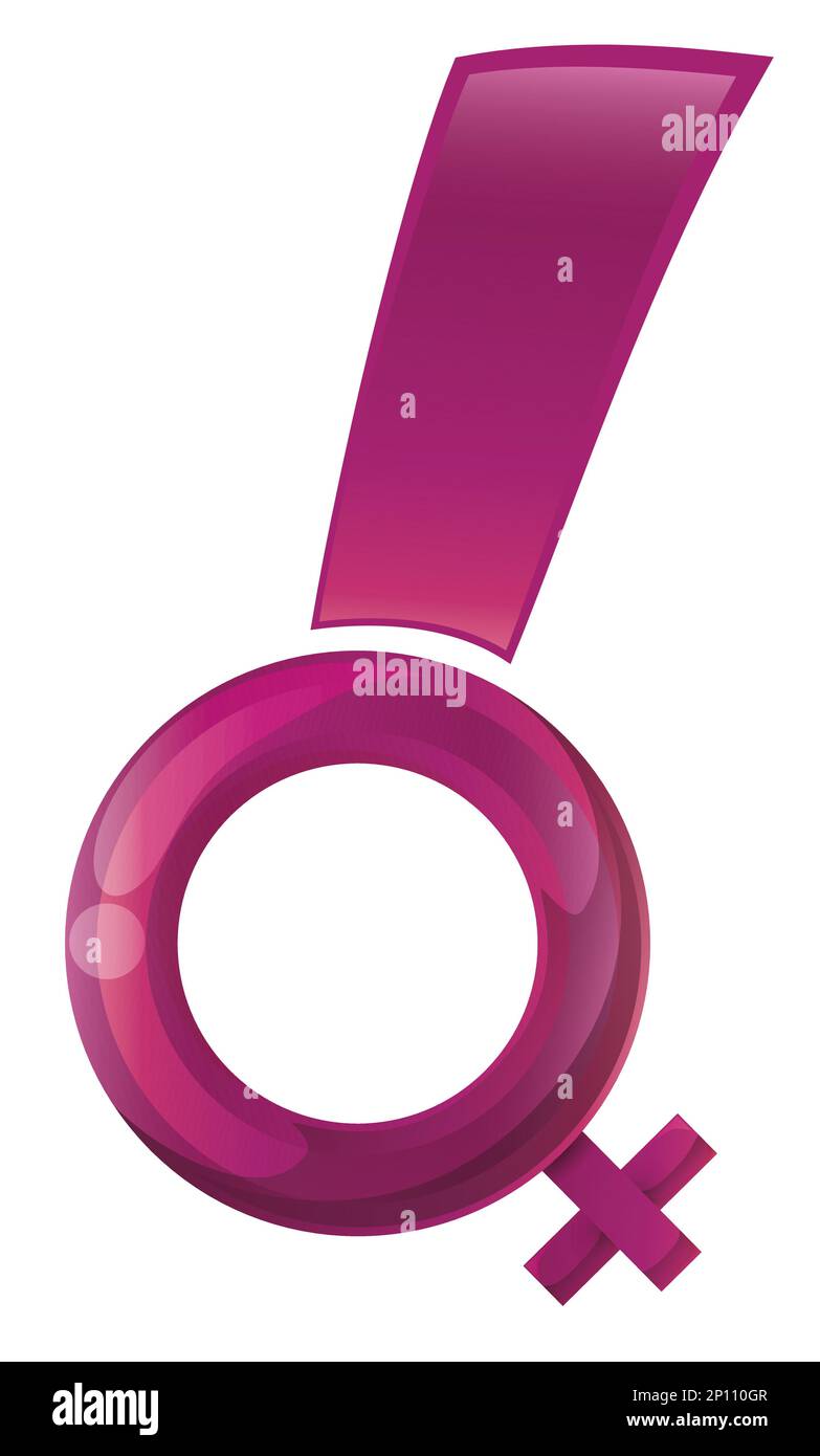 Punto esclamativo isolato con simbolo donna -o Venere- di colore fucsia ed effetto lucido. Illustrazione Vettoriale