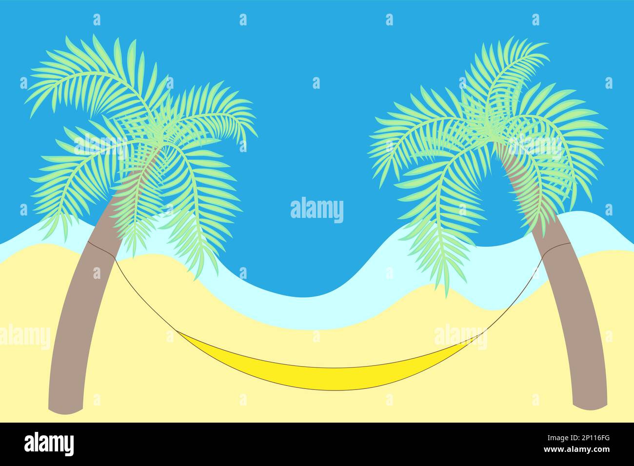 Spiaggia di sabbia con un'onda di mare, due palme con un'amaca sospesa. Riposo e relax. Illustrazione Vettoriale