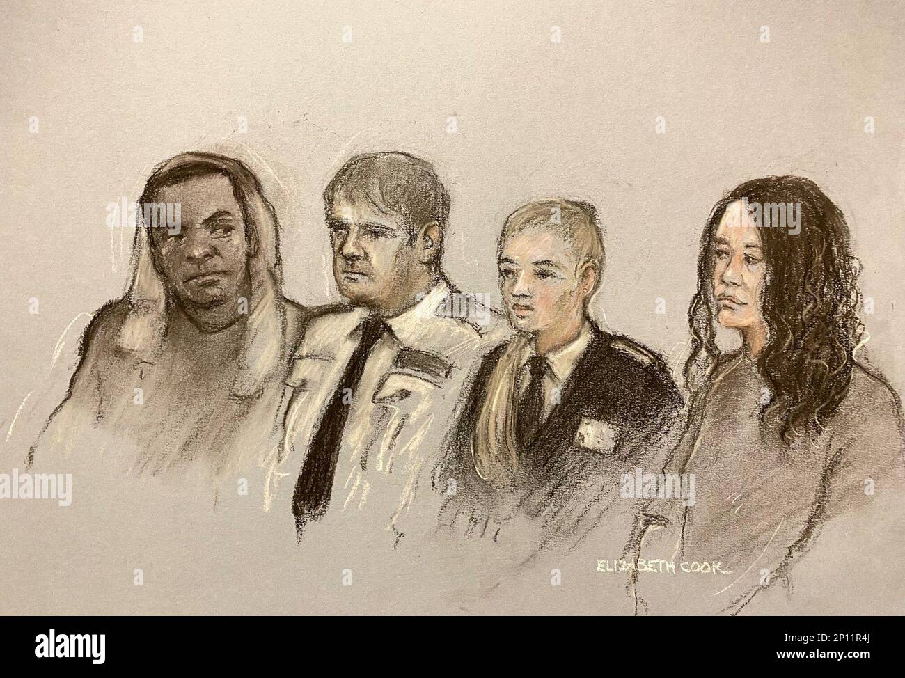 Disegno dell'artista di corte di Elizabeth Cook di Mark Gordon, con un ponticello grigio sopra la sua testa e Costanza Marten che compare alla corte di Magistrates di Crawley accusato di manmacello dopo che i resti di un bambino sono stati trovati in un'area del bosco. Marten e Gordon sono anche accusati di aver nascosto la nascita di un bambino e di aver pervertito il corso della giustizia. Data immagine: Venerdì 3 marzo 2023. Foto Stock