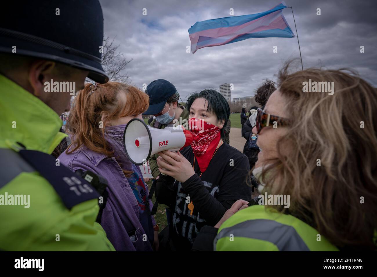 Gli attivisti dei diritti transgender si opporanno e si scontrano con Standing for Women femminists nei pressi dell'albero dei riformatori di Hyde Park, Londra, Regno Unito. Foto Stock