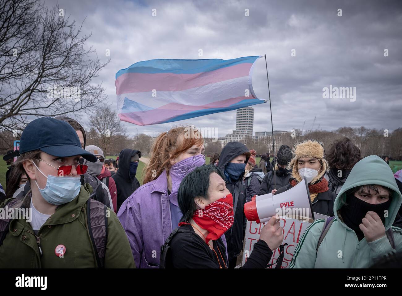 Gli attivisti dei diritti transgender si opporanno e si scontrano con Standing for Women femminists nei pressi dell'albero dei riformatori di Hyde Park, Londra, Regno Unito. Foto Stock