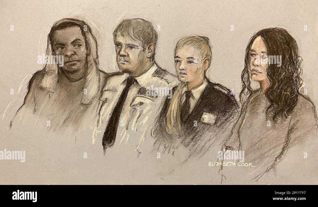 Disegno dell'artista di corte di Elizabeth Cook di Mark Gordon, con un ponticello grigio sopra la sua testa e Costanza Marten che compare alla corte di Magistrates di Crawley accusato di manmacello dopo che i resti di un bambino sono stati trovati in un'area del bosco. Marten e Gordon sono anche accusati di aver nascosto la nascita di un bambino e di aver pervertito il corso della giustizia. Data immagine: Venerdì 3 marzo 2023. Foto Stock