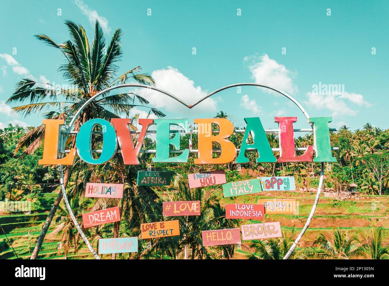 Grandi lettere multicolore che scrivono Love Bali sullo sfondo delle risaie, la giungla di Ubud Foto Stock