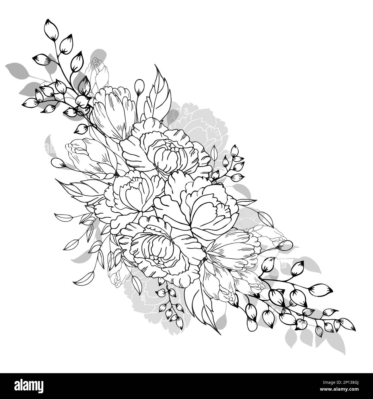 Composizione floreale, fondo floreale con fiori teneri e rami di germogli. Disegno a mano. Per decorazioni stilizzate, inviti, cartoline, poster Foto Stock