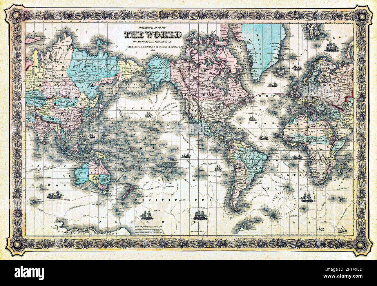 Mappa del mondo di Colton sulla proiezione di Mercatore (1858) di J.H. Colton Co. Originale dalla libreria di libri e manoscritti Beinecke Rare. Foto Stock