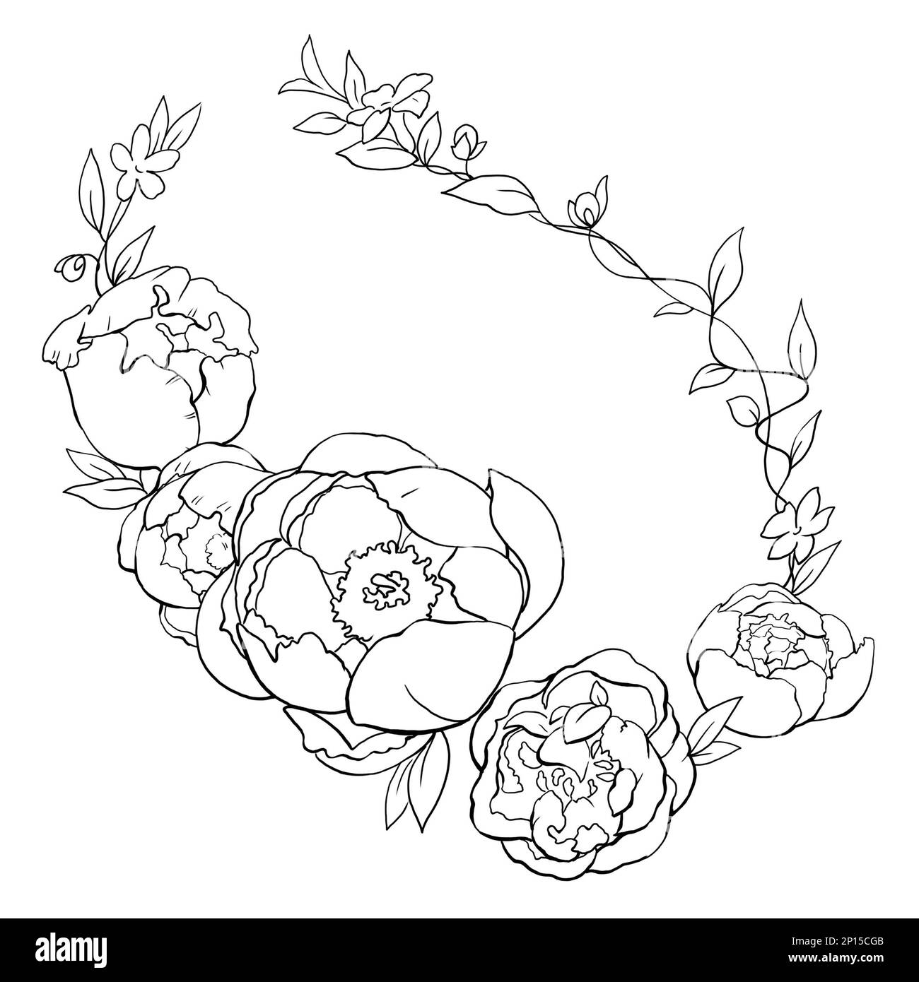 Grafica disegno lineare di una corona per decorare la testa di fiori di peonia. Illustrazione di alta qualità Foto Stock