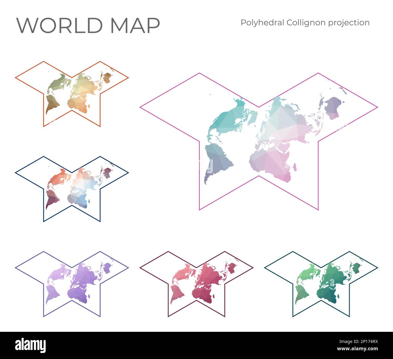 Mappa mondo Poly bassa impostata. Proiezione farfalla Collignon. Collezione di mappe del mondo in stile geometrico. Illustrazione vettoriale. Illustrazione Vettoriale