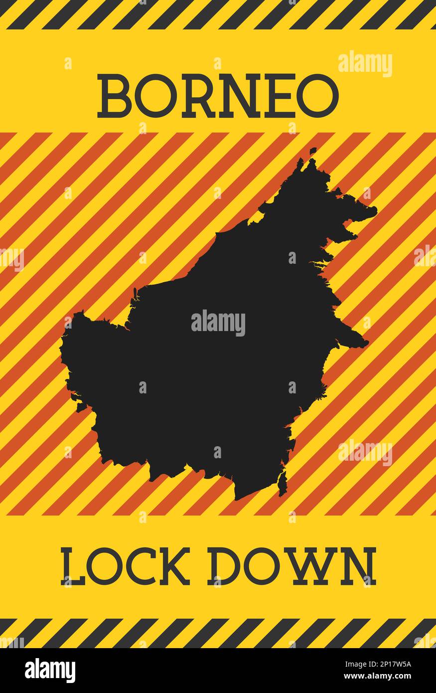 Cartello Borneo Lock Down. Icona gialla di pericolo pandemico dell'isola. Illustrazione vettoriale. Illustrazione Vettoriale
