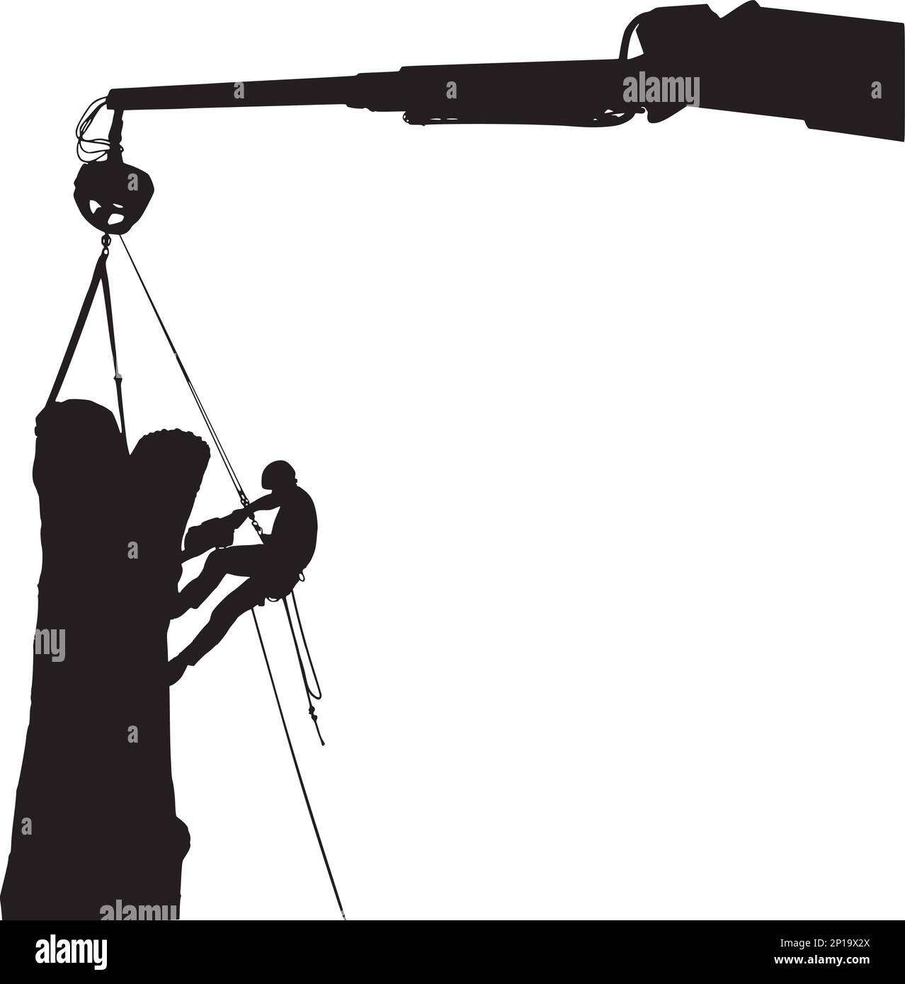 Arborista che lavora dal lato di un albero di cottonwood. Il paranco a gru è posizionato per la sezione successiva dell'albero da rimuovere Illustrazione Vettoriale