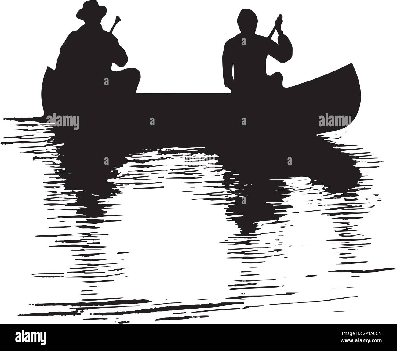 Due persone in canoa su un lago con il sole estivo nel tardo pomeriggio. Illustrazione Vettoriale