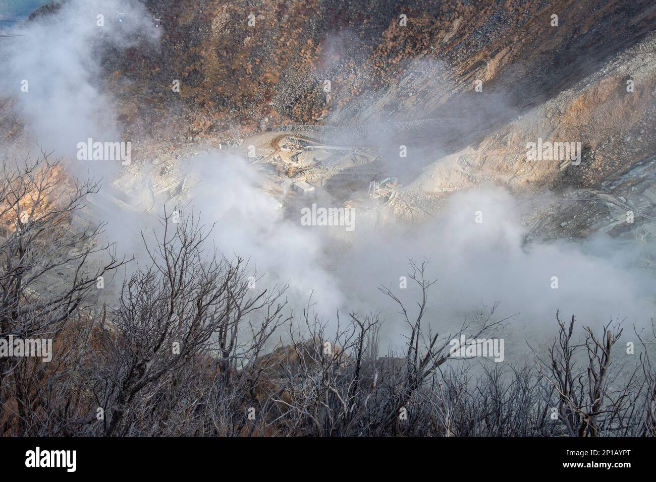 Valle di Owakudani a Hakone, una zona vulcanica attiva con sorgenti termali, sfiati e fumi sulfurei. Foto Stock