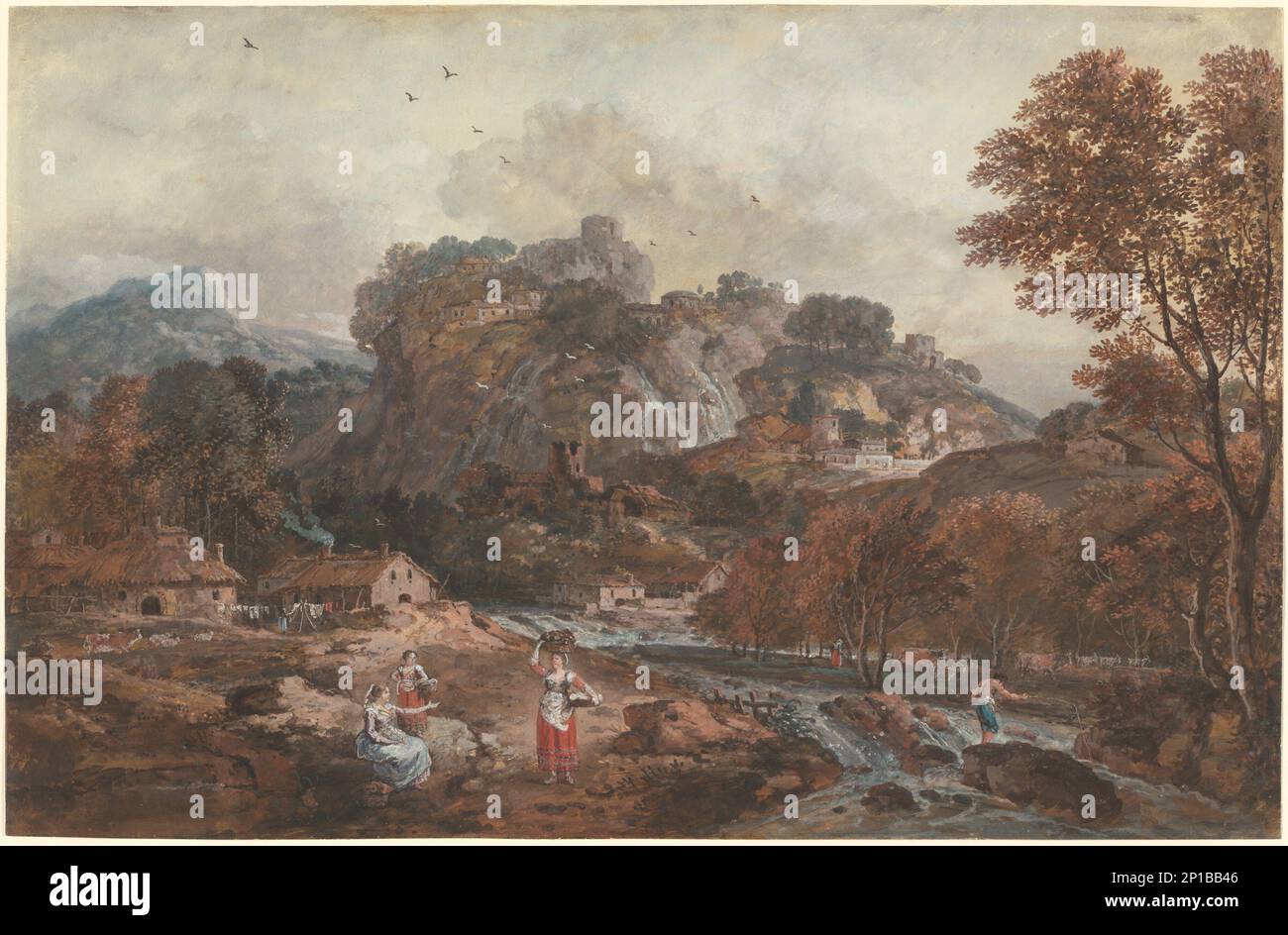 Paesaggio montano con lavatoi e un pescatore, 1762/1765. Foto Stock