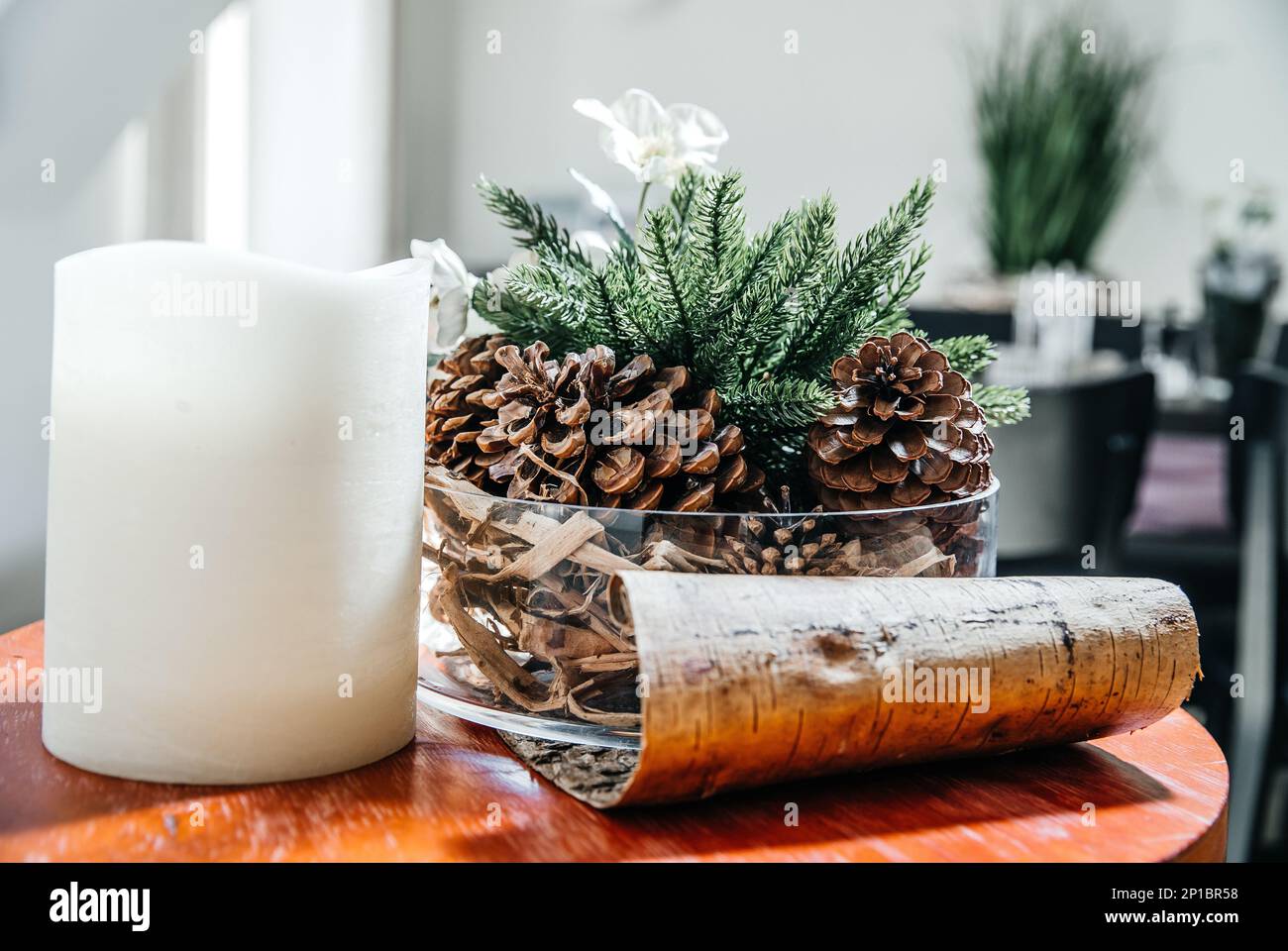 Candela bianca, coni di pino in vaso di vetro, pezzo di corteccia di albero su tavolo di legno, decorazione del ristorante della camera Foto Stock