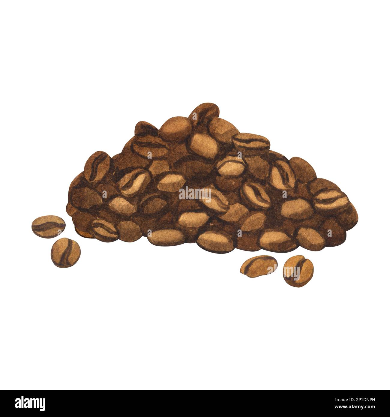 Acquerello fresco torrefatto mucchio di chicchi di caffè. Illustrazione disegnata a mano isolata su sfondo bianco. Menu' del cibo perfetto, concetto per cafe' Foto Stock