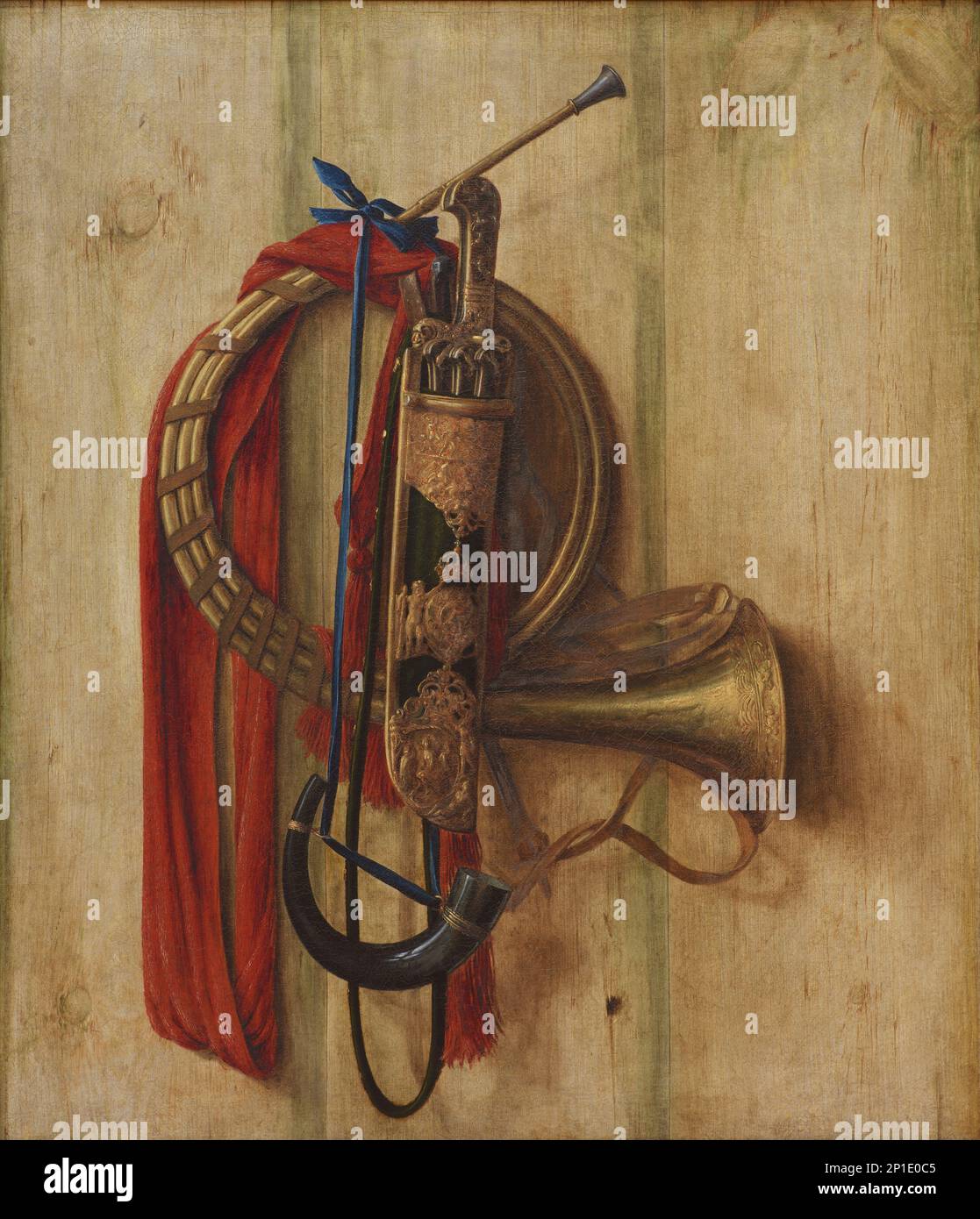 Trompe l'Oeil con le attrezzature di Christian V per andare a cavallo;attrezzatura di caccia su un bordo. Trompe l'oeil;Trompe l'oeil Painting. Attrezzatura da caccia su un muro, 1671. Foto Stock
