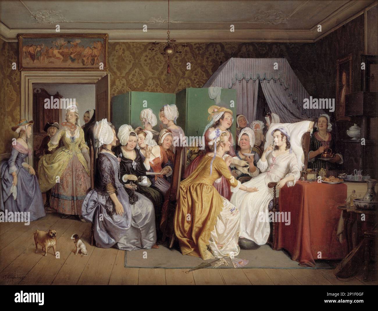 Scena da The Lying-in Room di Ludwig Holberg, 1845. Foto Stock