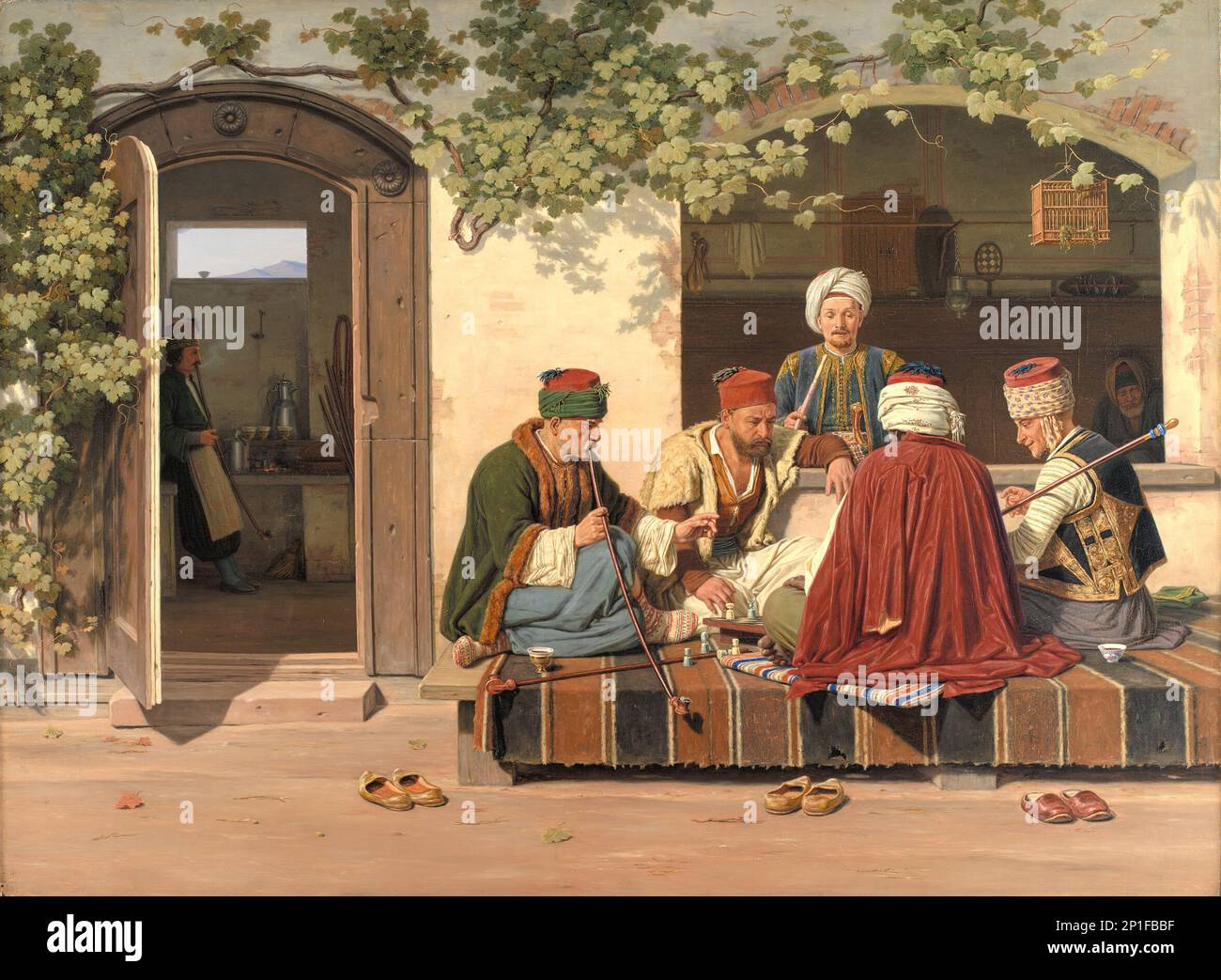 Una festa di giocatori di scacchi fuori da una caffetteria turca e barbiere, 1845. Foto Stock