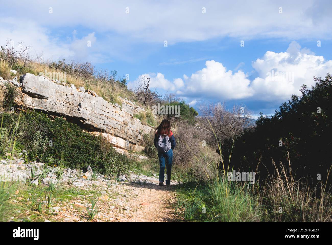 Vista del paesaggio della costa di Erimite vicino a Kassiopi e Agios Stefanos villaggio, isola di Corfù, Kerkyra, Grecia, con sentiero escursionistico, foresta e spiaggia in Foto Stock