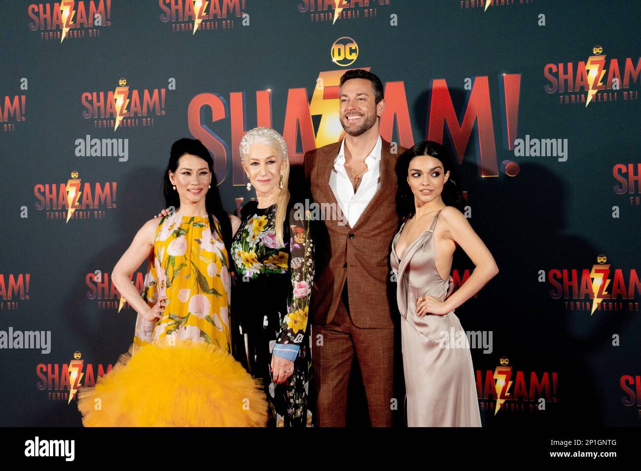 Roma, Italia, 03th marzo 2023, Zachary Levi, Lucy Liu, Rachel Zegler e Helen Mirren partecipano alla prima di Shazam! Furia degli dei allo Space Cine Foto Stock
