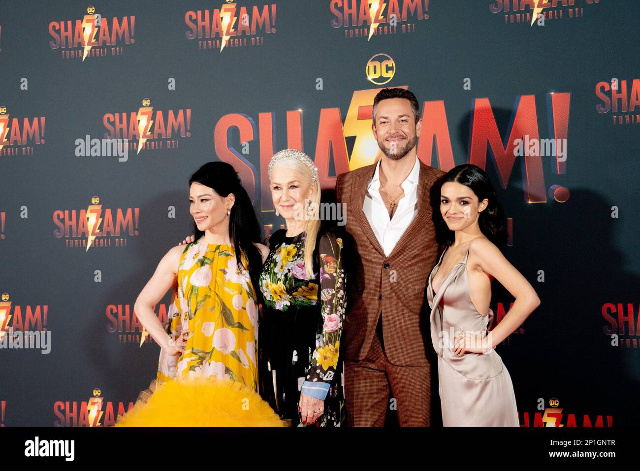 Roma, Italia, 03th marzo 2023, Zachary Levi, Lucy Liu, Rachel Zegler e Helen Mirren partecipano alla prima di Shazam! Furia degli dei allo Space Cine Foto Stock