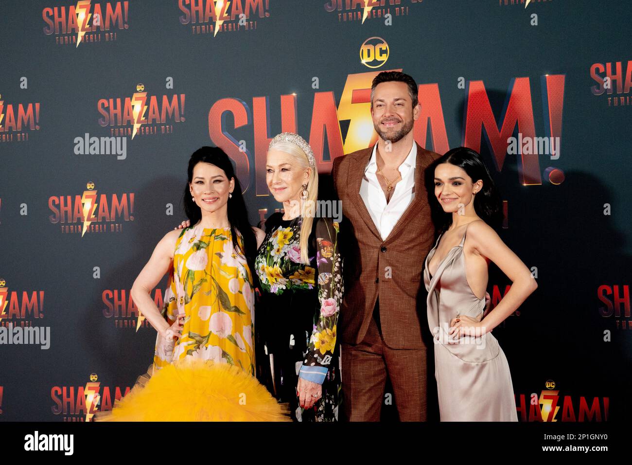 Roma, Italia, 03th marzo 2023, Zachary Levi, Lucy Liu, Rachel Zegler e Helen Mirren partecipano alla prima di Shazam! Furia degli dei allo Space Cine Foto Stock
