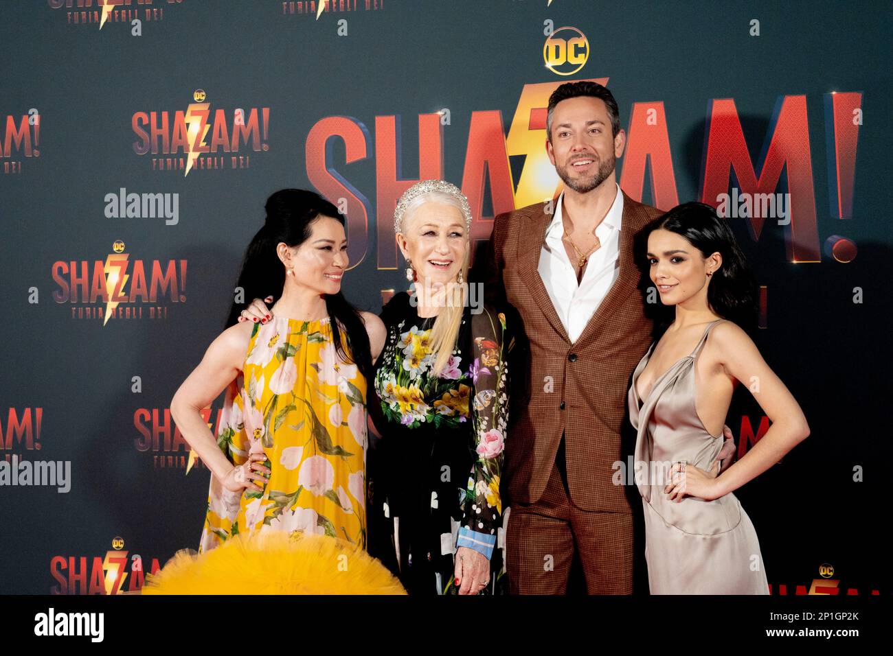 Roma, Italia, 03th marzo 2023, Zachary Levi, Lucy Liu, Rachel Zegler e Helen Mirren partecipano alla prima di Shazam! Furia degli dei allo Space Cine Foto Stock