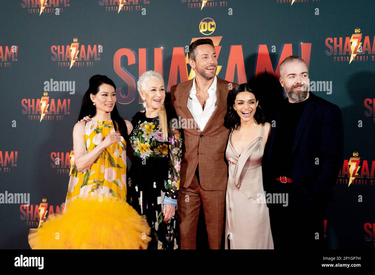 Roma, Italia, 03th marzo 2023, Zachary Levi, Lucy Liu, Rachel Zegler e Helen Mirren partecipano alla prima di Shazam! Furia degli dei allo Space Cine Foto Stock